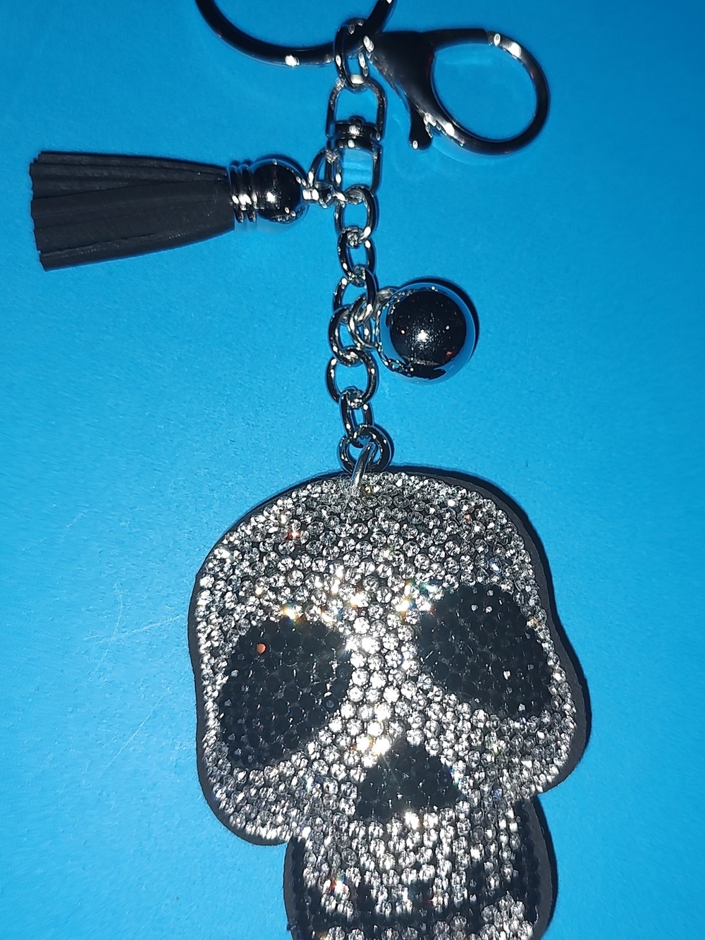 New! Rhinestone Skull Keychain Charm - Black and Silver